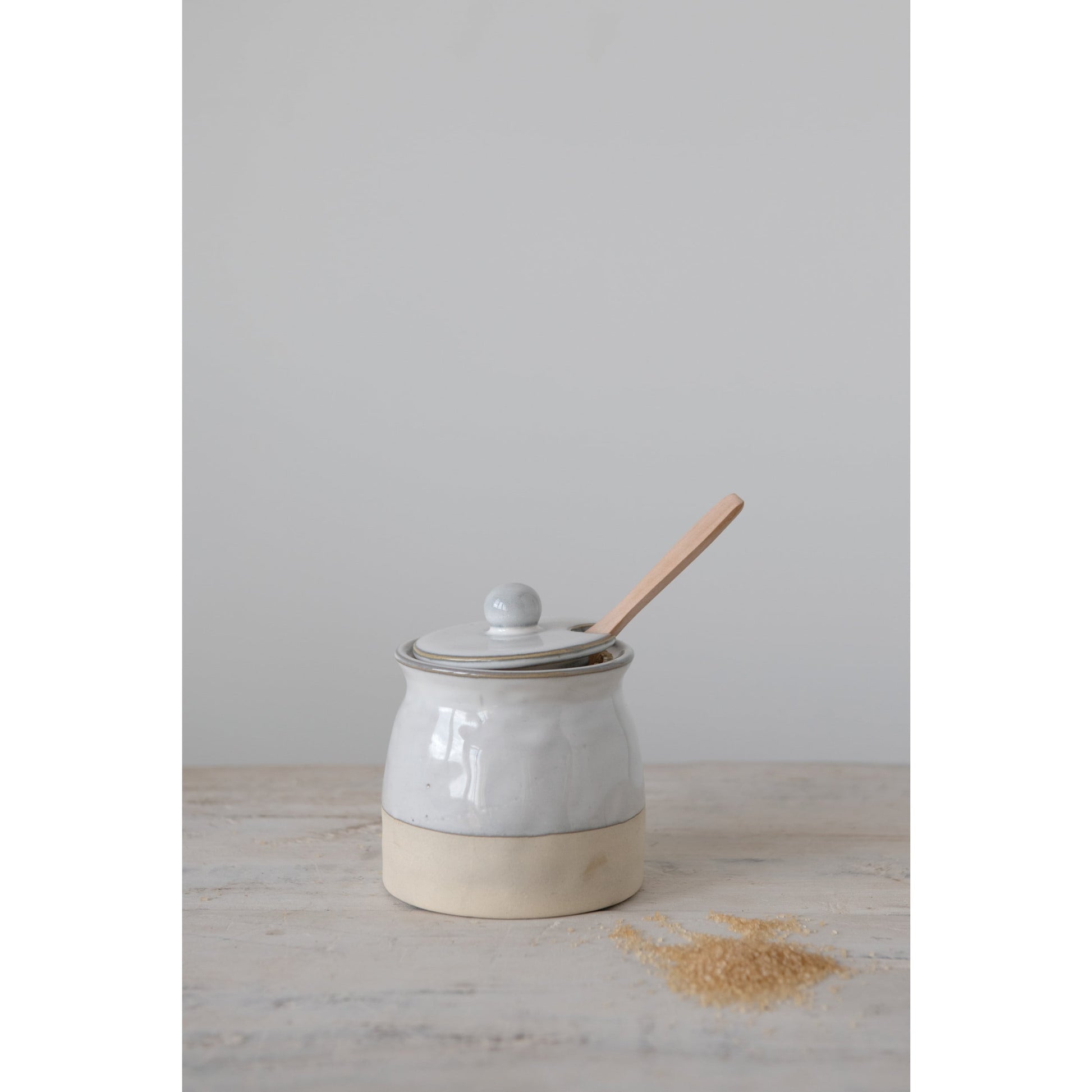 sugar pot with lid and wood spoon