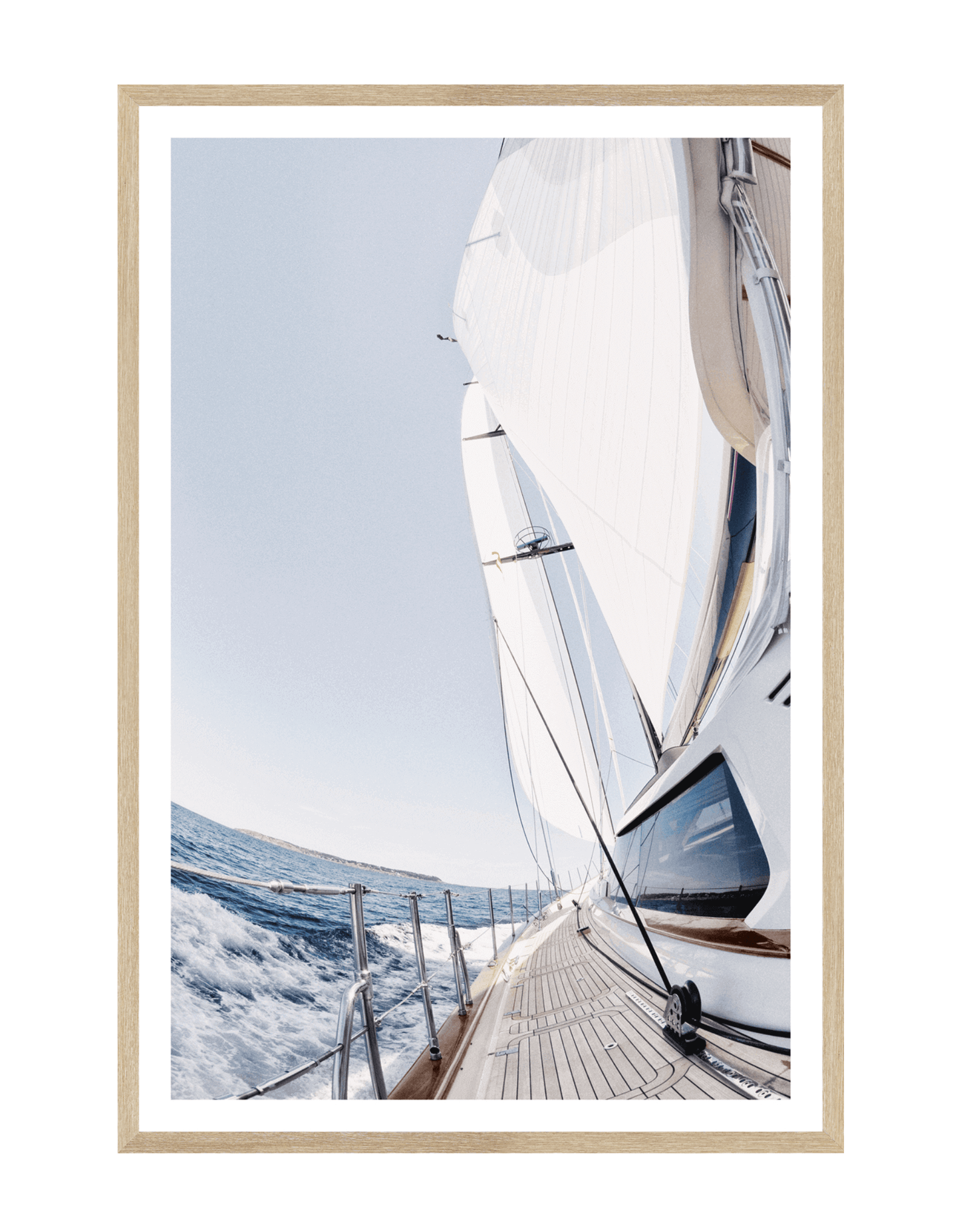 Sailing artwork with natural wood frame molding